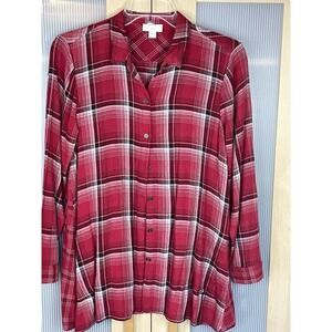 J. JILL Red Plaid Tunic Soft‎ Button-Up Shirt XS Pettit Casual Comfy Western Top